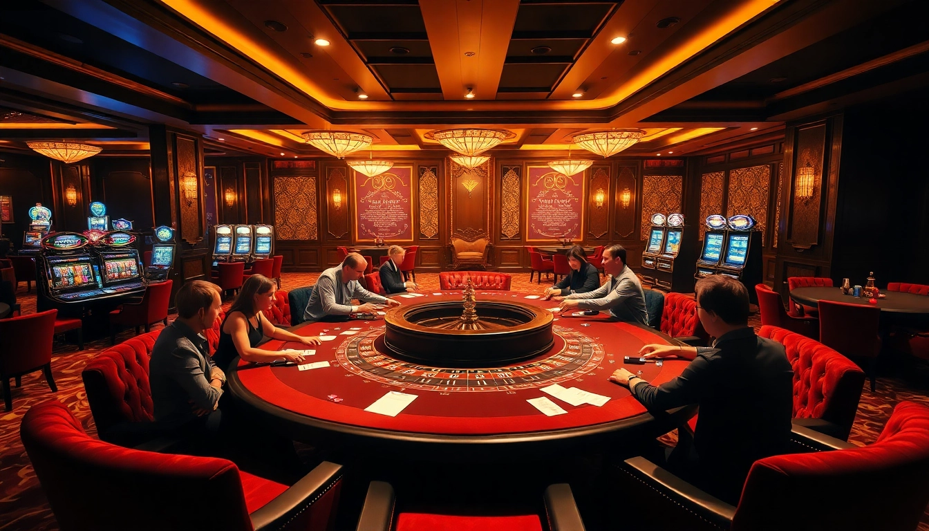 KIM88 club players enjoying a vibrant casino atmosphere with poker chips and card games.