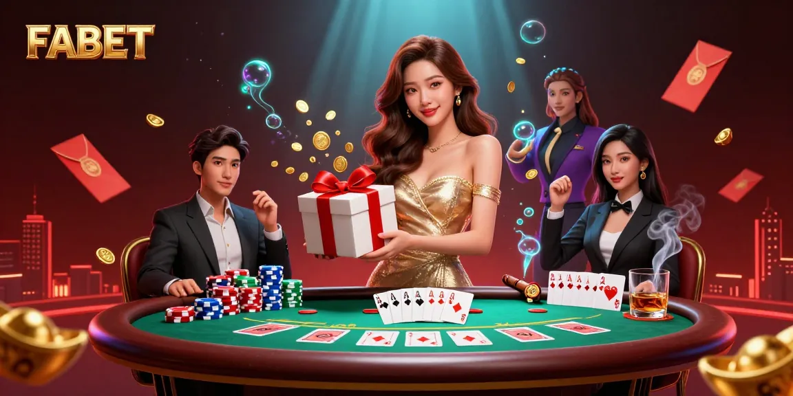 FABET showcases a vibrant casino scene with an Asian woman holding coins and festive decorations.