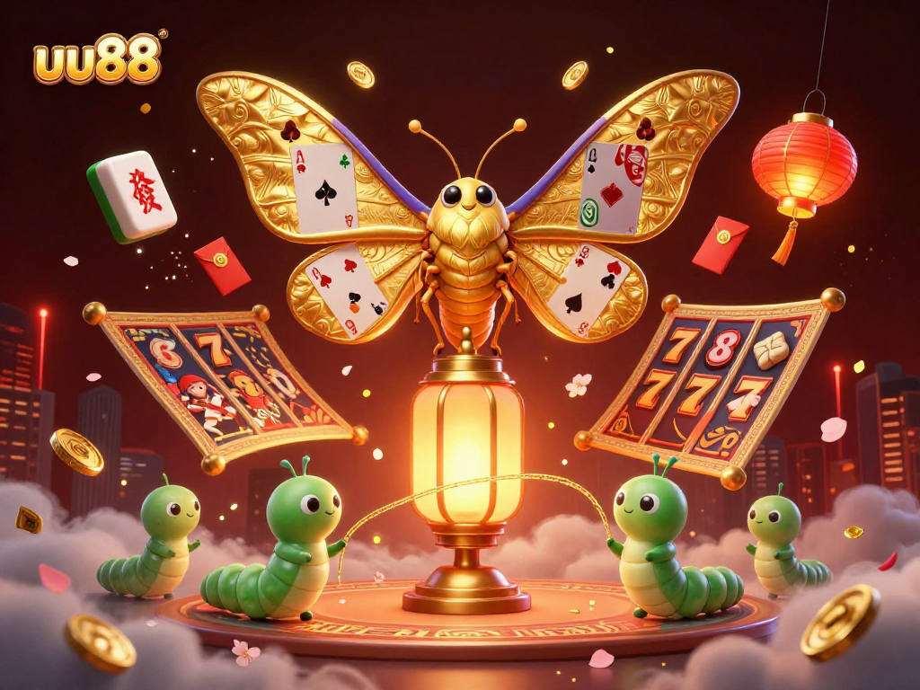 Engage with the excitement of uu88, featuring an atlas moth surrounded by vibrant casino elements.