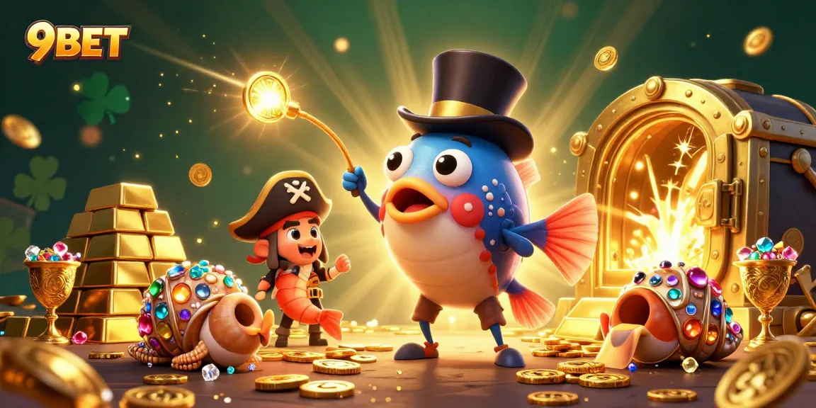 Experience the thrill of winning with 9BET, depicted through a vibrant 3D casino scene full of treasures.