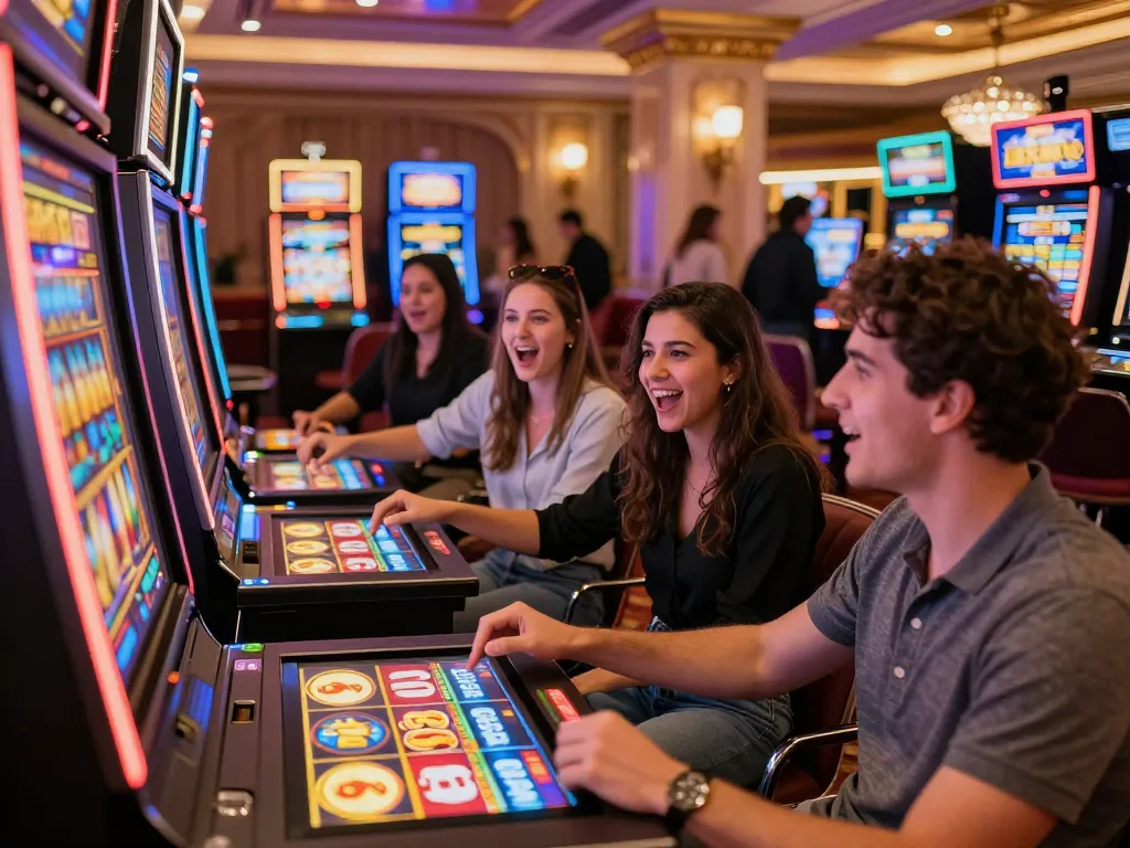 Enjoying a thrilling moment at the Lucky88 slot machine with friends in a vibrant casino.