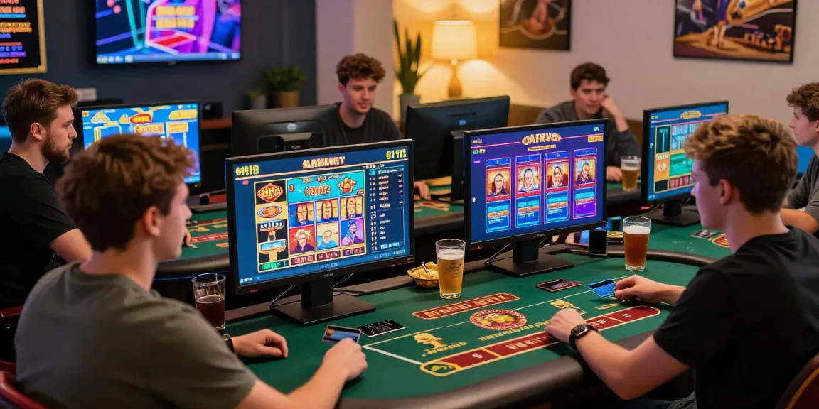 Exciting atmosphere with players at home enjoying online casinos that accept credit cards, featuring vibrant game interfaces and relaxed decor.