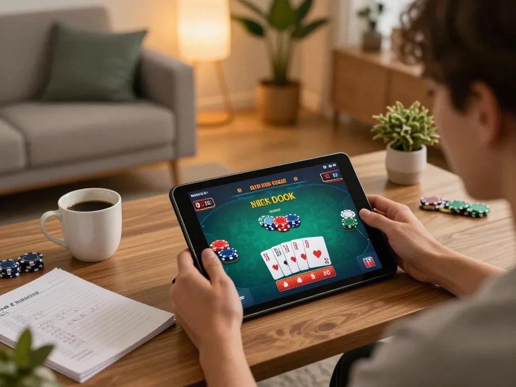 Engaged player using iwin press on a tablet, enjoying online casino games with strategic notes nearby.
