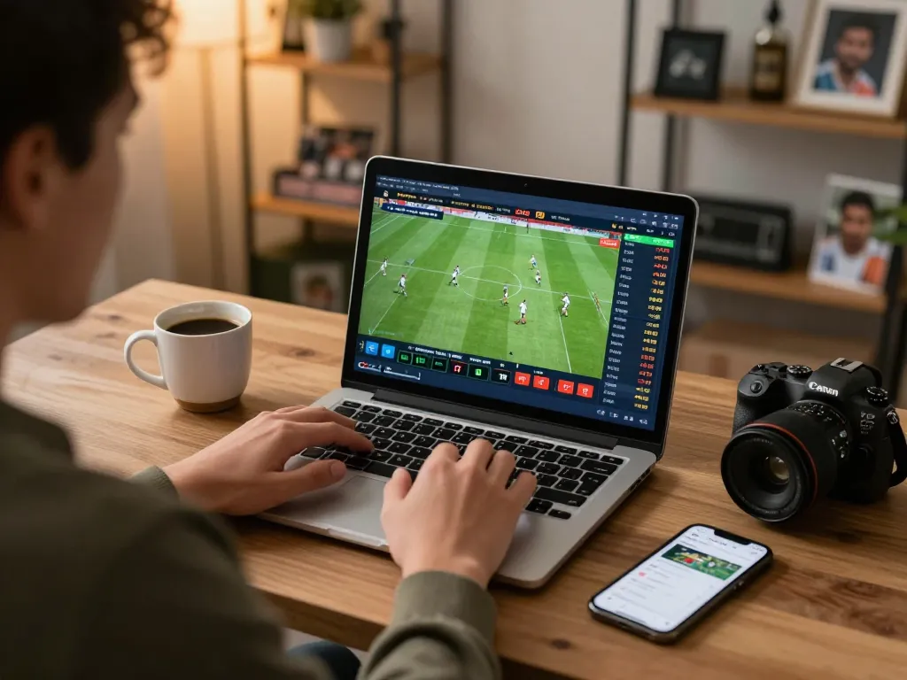 Person engaged in online betting on Nowgoal, checking live odds on laptop with coffee nearby.