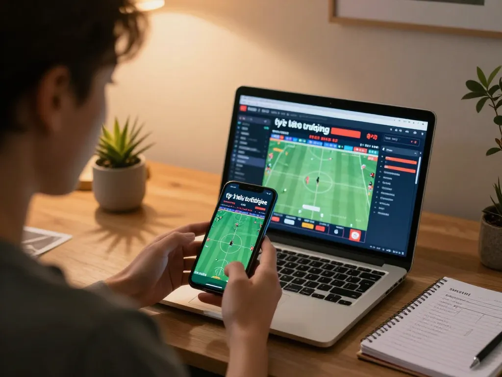 Tỷ lệ kèo trực tuyến displayed on smartphone during intense sports betting analysis in a home office.
