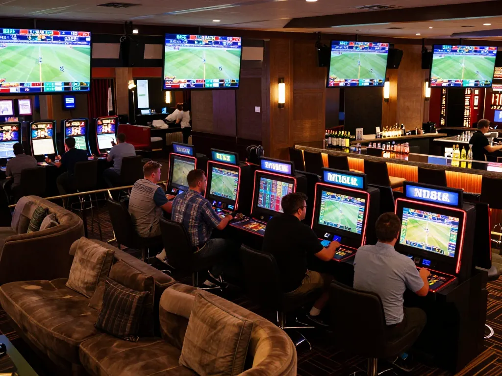 N188 casino betting lounge with enthusiastic bettors watching sports events and strategizing.
