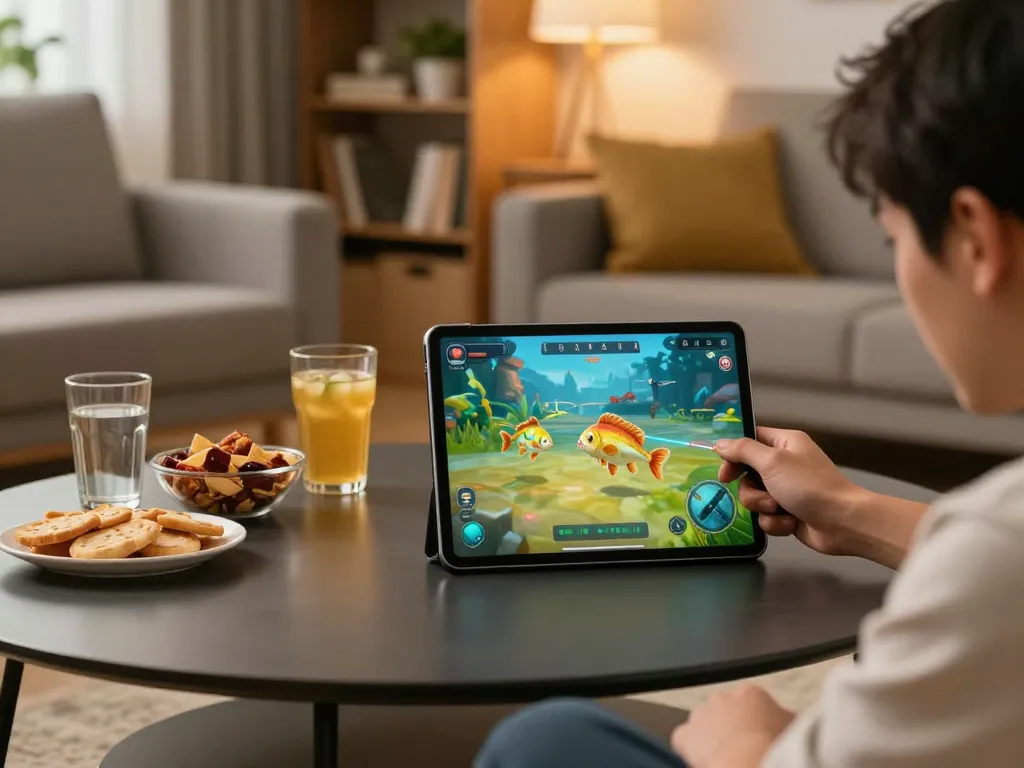 Engaging in game bắn cá đổi thưởng on a tablet, focused on shooting colorful fish in a cozy living room.
