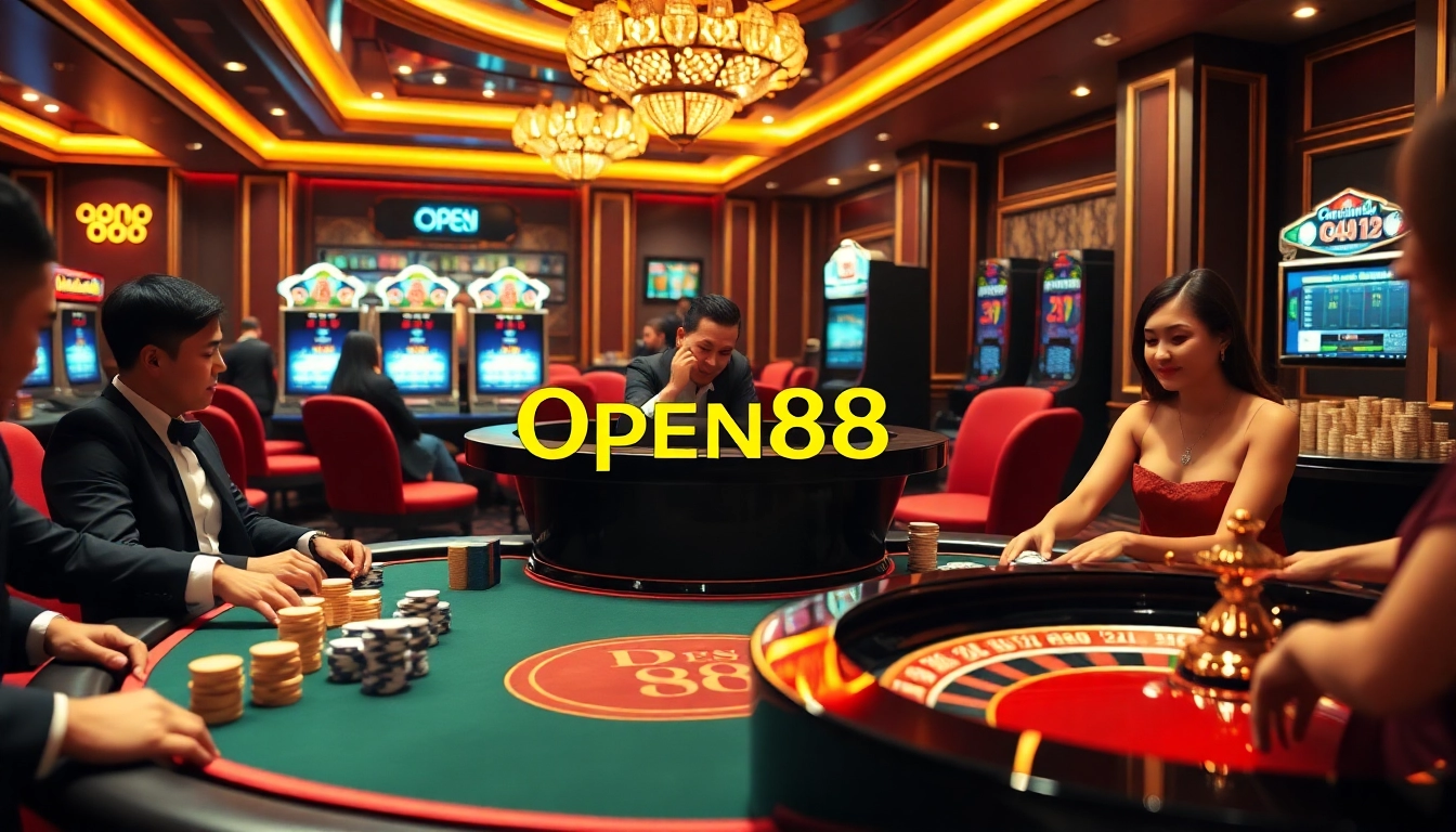Experience the thrill of thương hiệu OPEN88 at a luxurious casino with players enjoying poker and roulette.