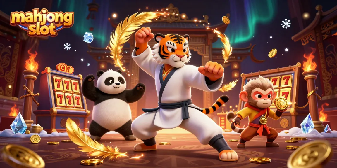 Engage in the vibrant action of mahjong slot with a kung fu tiger, panda, and monkey in a dynamic casino setting.