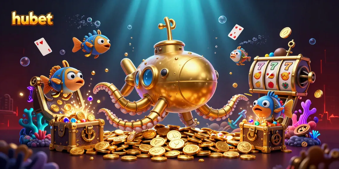 Experience thrilling slots with hubet featuring a golden kraken submarine in a treasure-filled underwater scene.