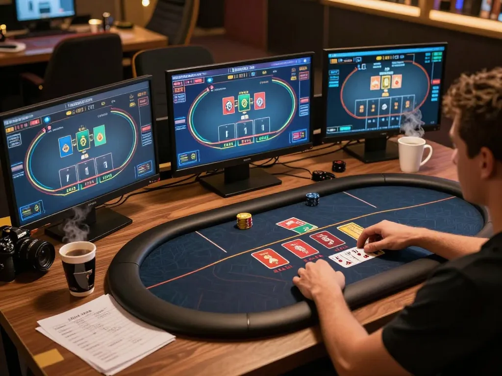 Engaging online poker strategy session at home on https://www.atqvn.com/ with multiple screens and warm lighting.