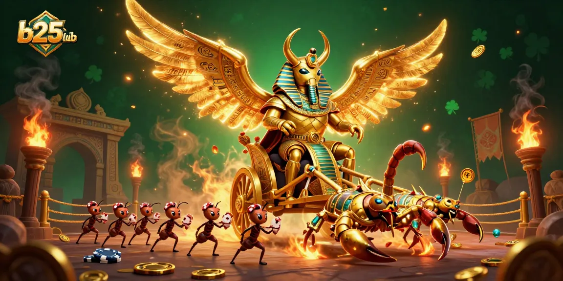 Bets flourish at b25club, featuring a golden scarab beetle riding a scorpion chariot amidst vibrant casino elements.