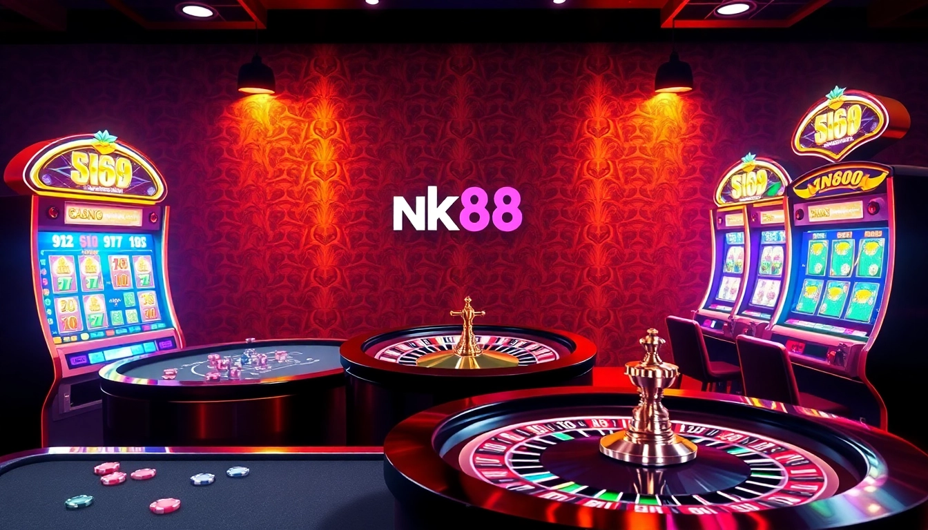 A vibrant online casino scene featuring nhà cái nk88 with players celebrating wins at the roulette and slot machines.