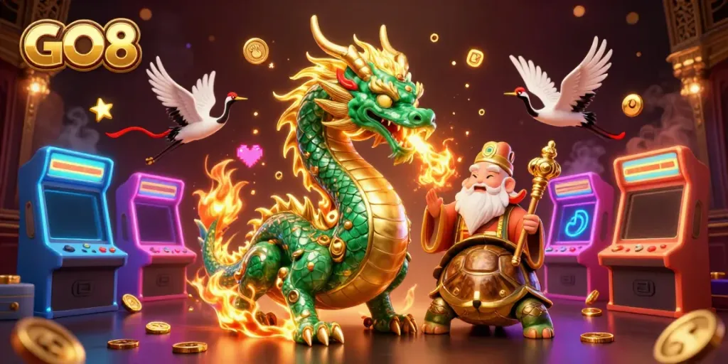 Engage in exhilarating gaming experiences at GO8 featuring vibrant 3D dragon and lively casino elements.