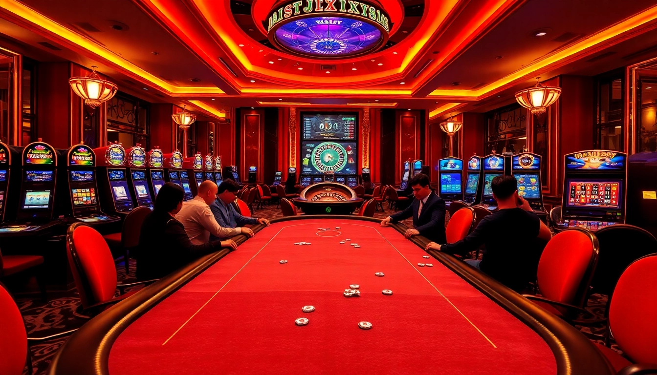 Engaging scene at Nhà Cái QQ88 with players enjoying high-stakes poker and vibrant slot machines.