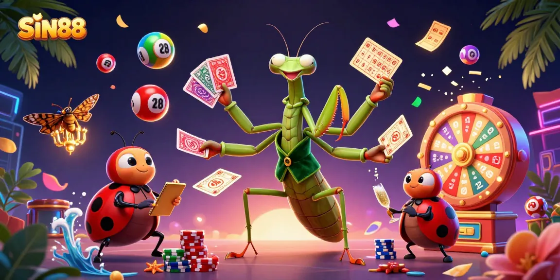 SIN88 captures the excitement of gambling with a colorful, dynamic casino scene featuring characters engaging in betting activities.