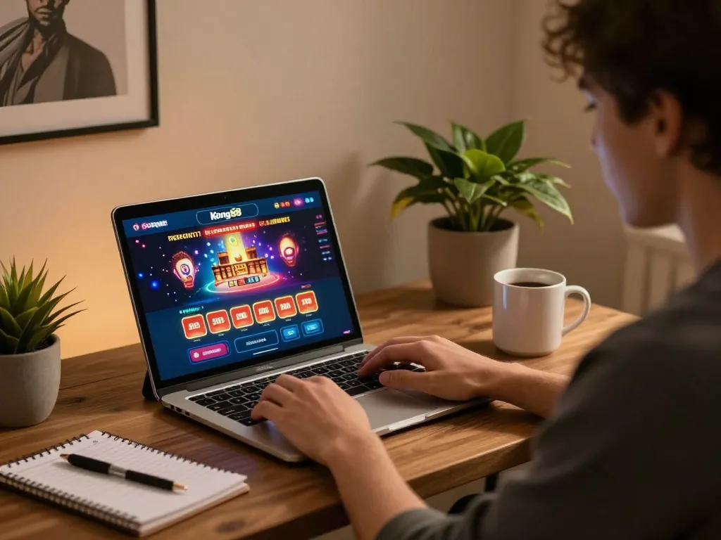 Kong88 online casino gaming setup showing a player engaged in a poker game on laptop