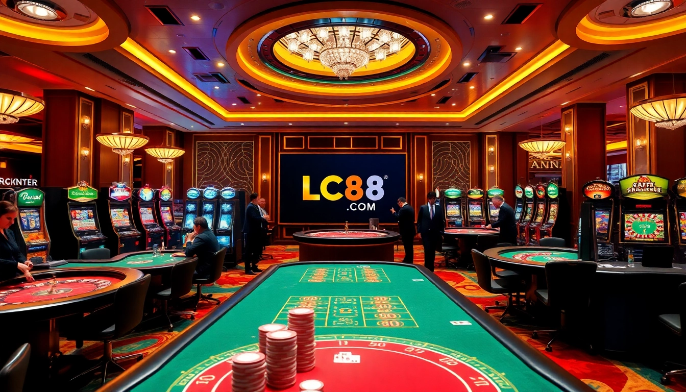 Players engaging in poker and roulette at LC88 COM casino, showcasing excitement and luxury.