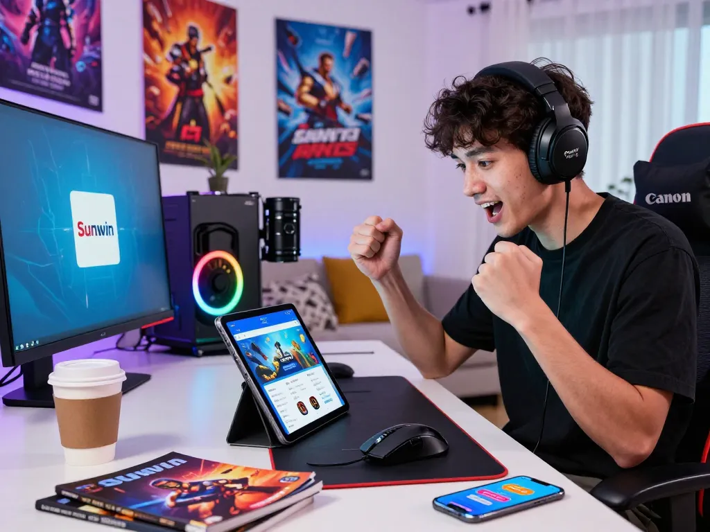 Intense player using the tải sunwin app on a tablet at a stylish gaming setup.