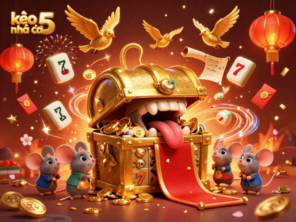 Experience the thrill of kèo nhà cái 5 as treasure chest mimics lure adventurer mice amidst dazzling slot-themed elements.