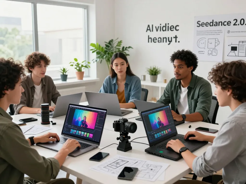 Creative workspace illustrating a team generating AI videos with seedance 2.0 technology.