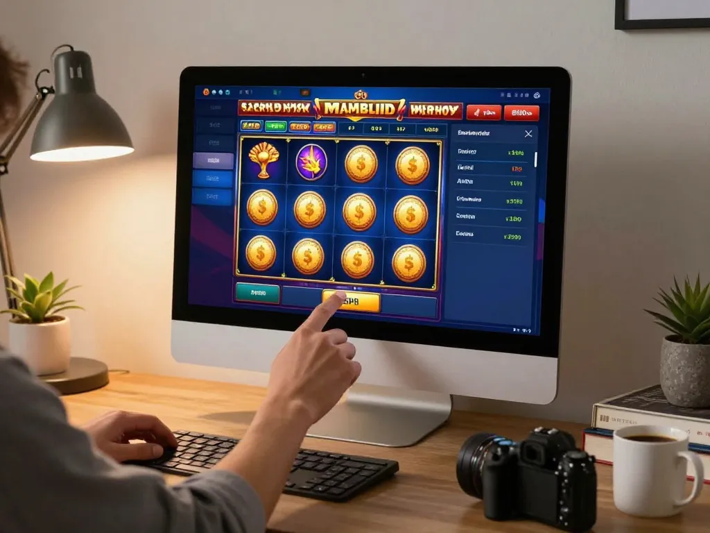 Engaging finger pressing spin button on Slot Malaysia games in a cozy home office setting.