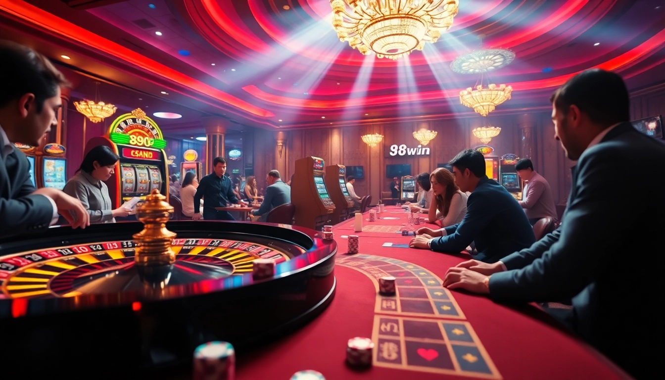 Excited players engaging with the 98win casino platform, featuring roulette and poker.
