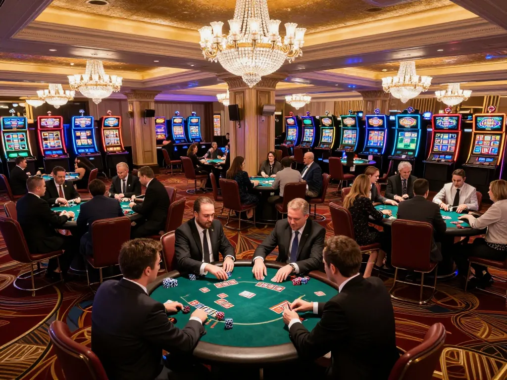 Players enjoy strategic gameplay at the trang chủ nk88 with vibrant poker tables and lush casino decor