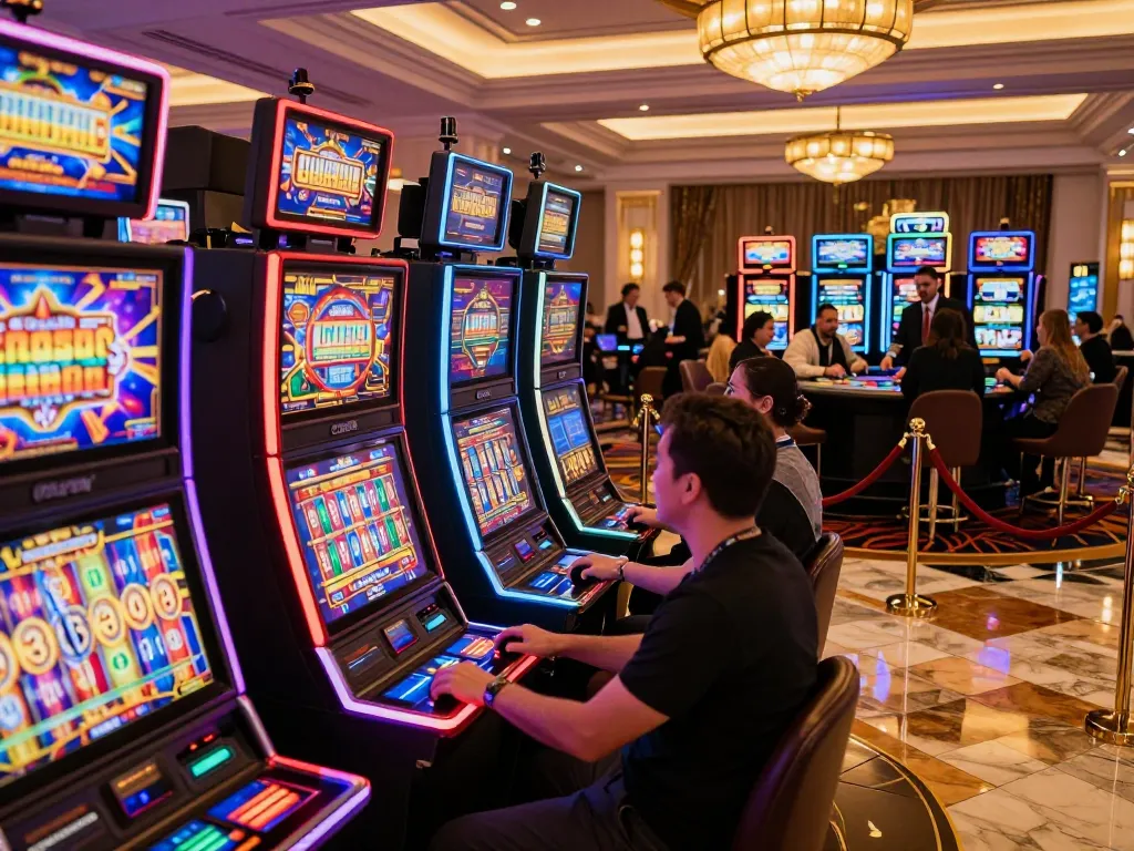 Experience the thrill of 89bet2 with players engaged at colorful slot machines.