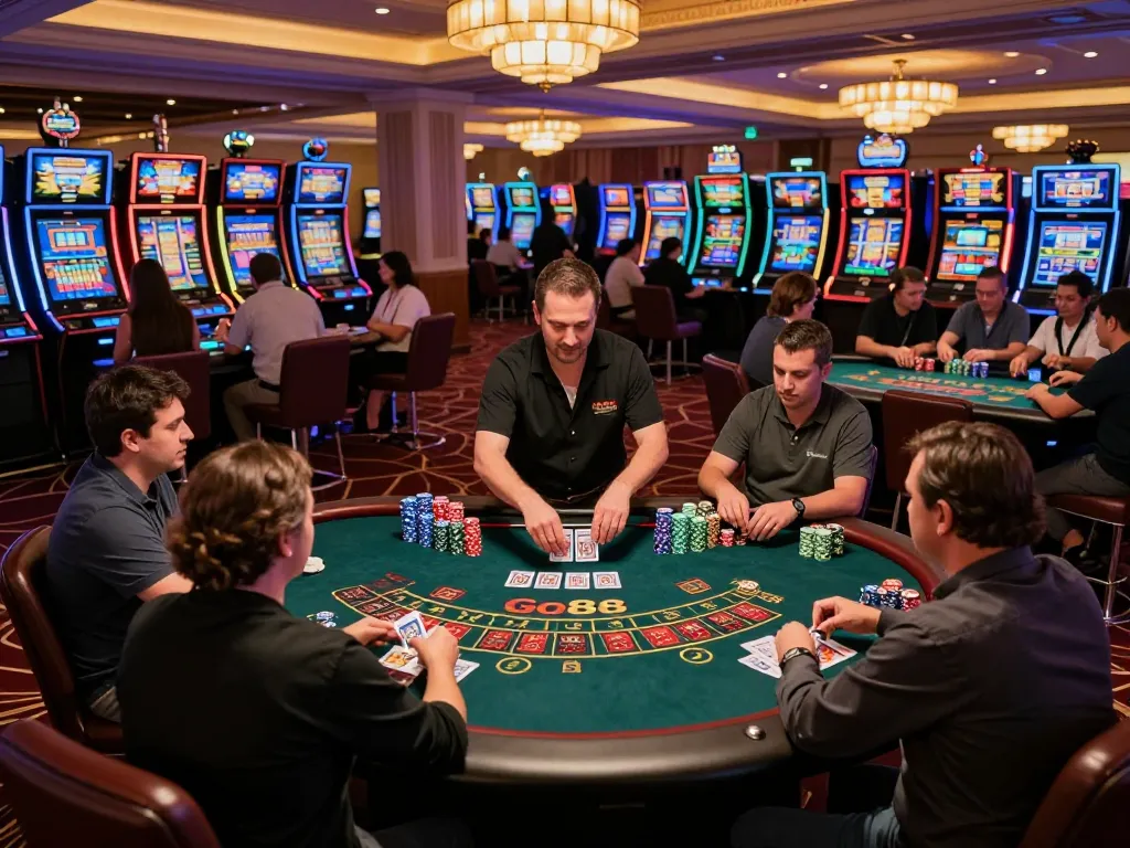 Cổng game Go88 active gameplay scene with players engaged at a casino table during a vibrant gaming session