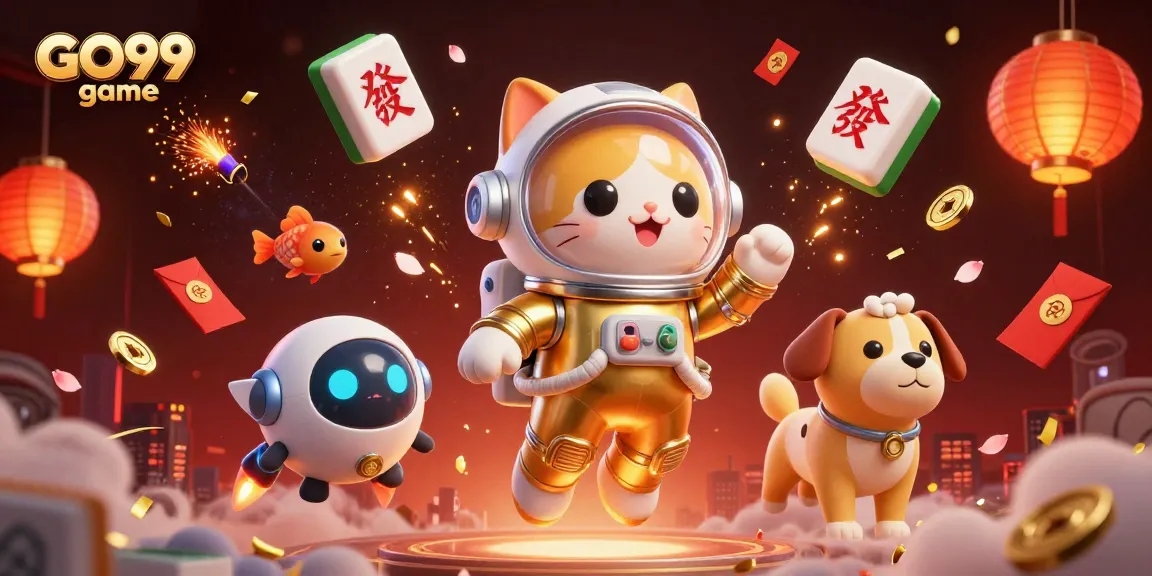 Experience the excitement with GO99 game featuring a cartoon astronaut cat in space alongside dynamic casino elements.
