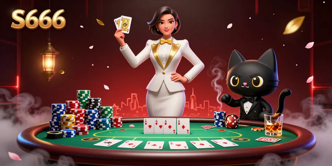 S666 poker scene showcasing a glamorous dealer shuffling cards with vibrant poker chips and a charming black cat.