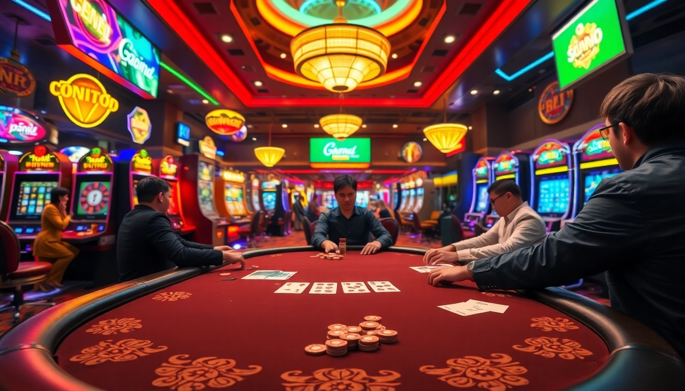 Players engaging in a thrilling game at 888VND BET with a vibrant casino backdrop.
