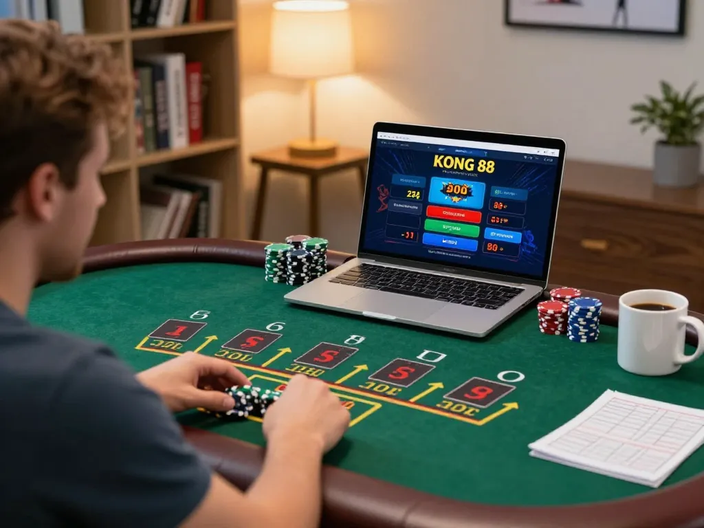 KONG 88 online blackjack gameplay with player engaged and chips stacked in a cozy home setting.
