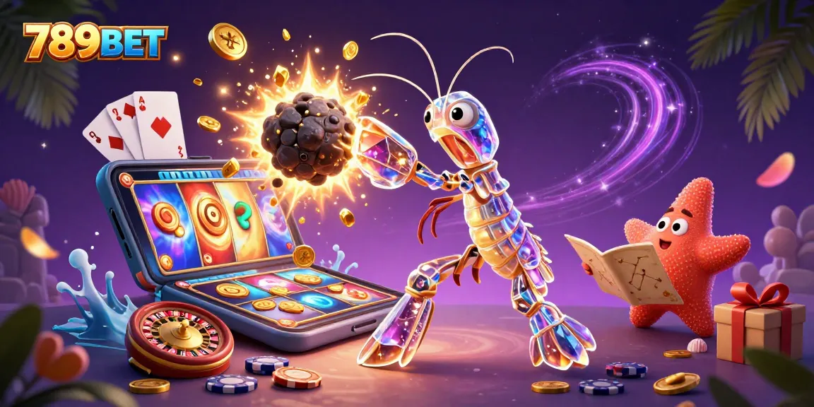Experience thrilling gaming scenes with 789BET featuring vibrant slot games, coins, and fantasy elements.