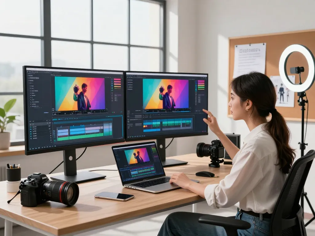 Content creator using Seedance AI in a modern video production studio, adjusting lighting and editing video clips.