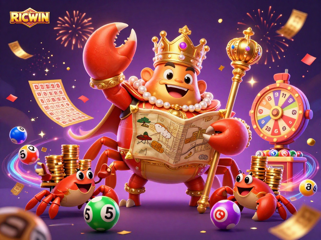 Experience RICWIN's vibrant casino world with a golden crab emperor amidst colorful games and excitement.