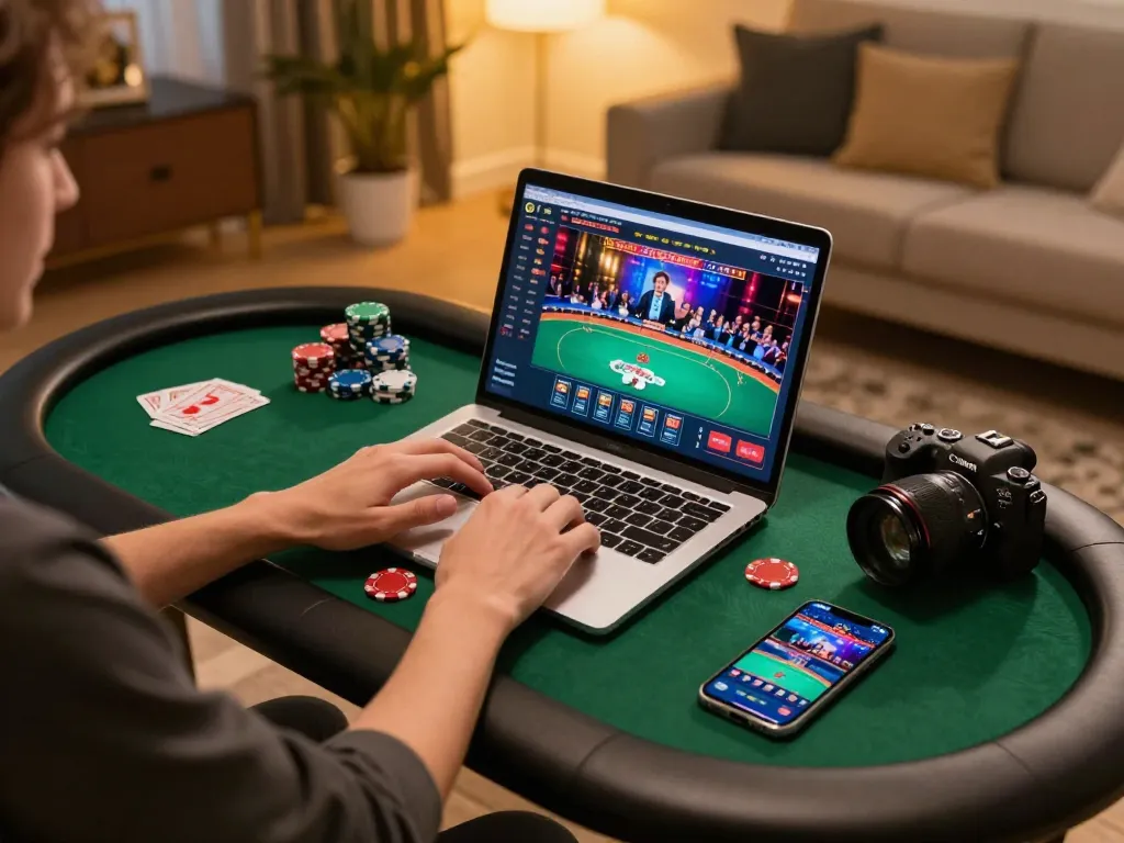 Engaged player using lv88 online poker app in a stylish home environment for a thrilling experience.