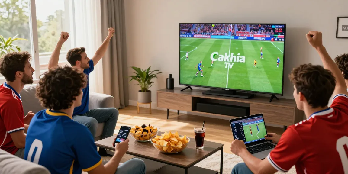 Friends watching live football on Cakhia TV in a lively living room with snacks and team jerseys.