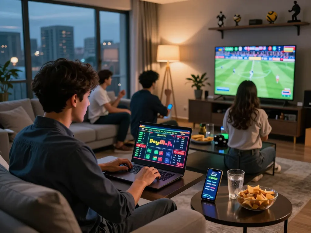 Exciting online gambling scene with a nhà cái uy tín displayed on the laptop during a vibrant evening.