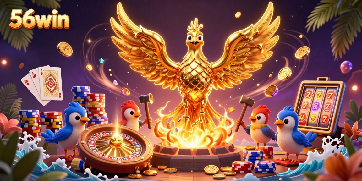 Experience the magic of 56win with a golden phoenix amid vibrant casino elements and dynamic gameplay.