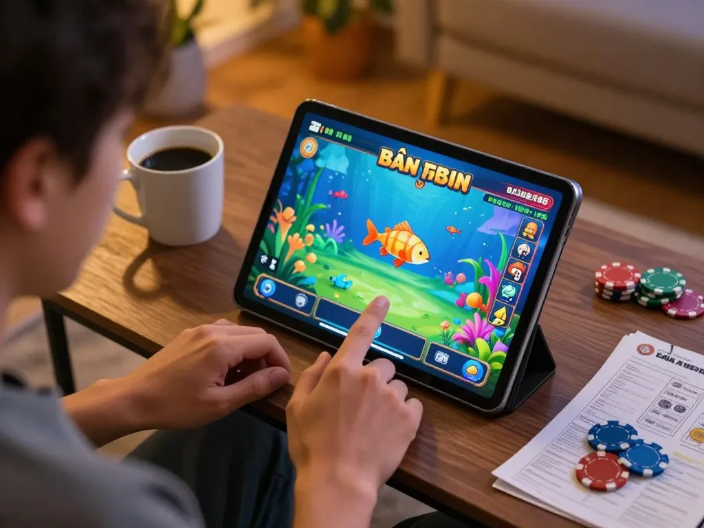 bắn cá mb66 player engaging in virtual game while enjoying a cozy home atmosphere with strategic items.