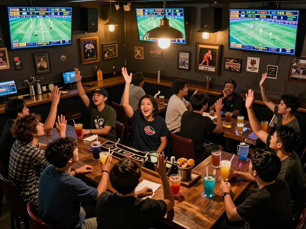 Exciting moment of sports betting at nhà cái mb66, showcasing fans animatedly discussing live games and wagers.
