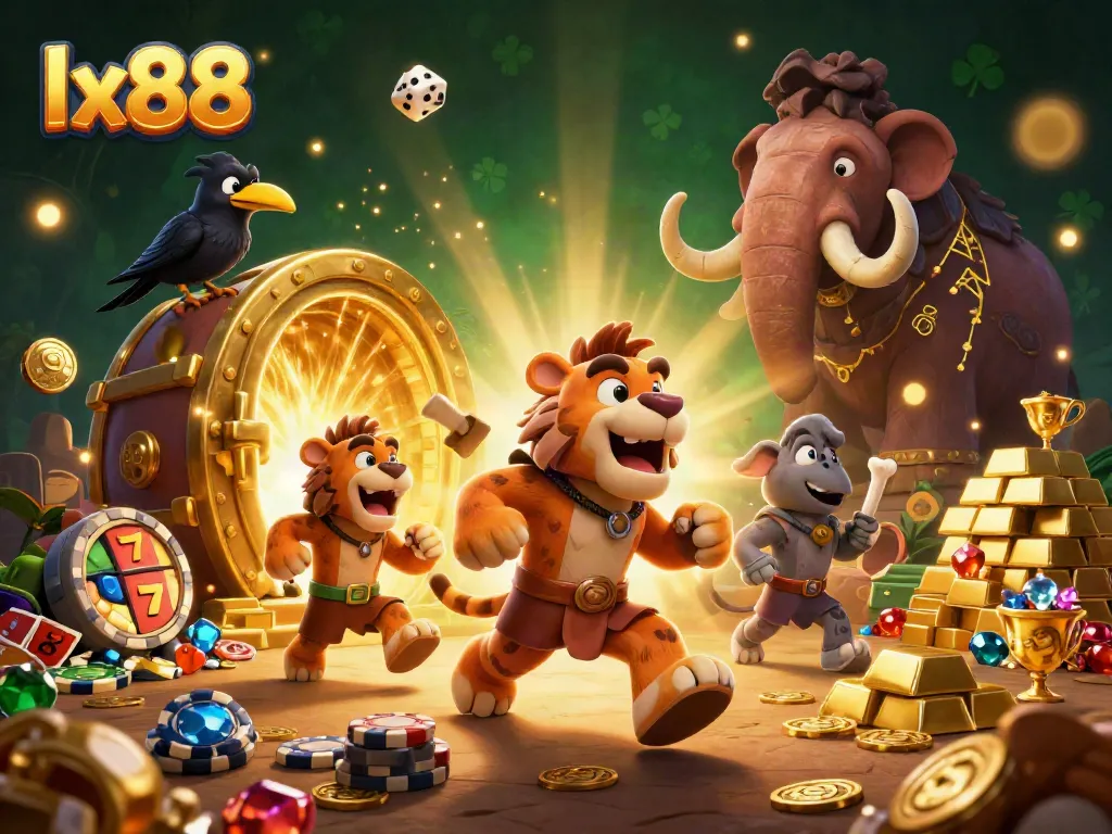 Experience the excitement of lx88 with vibrant slot action in a prehistoric casino scene.