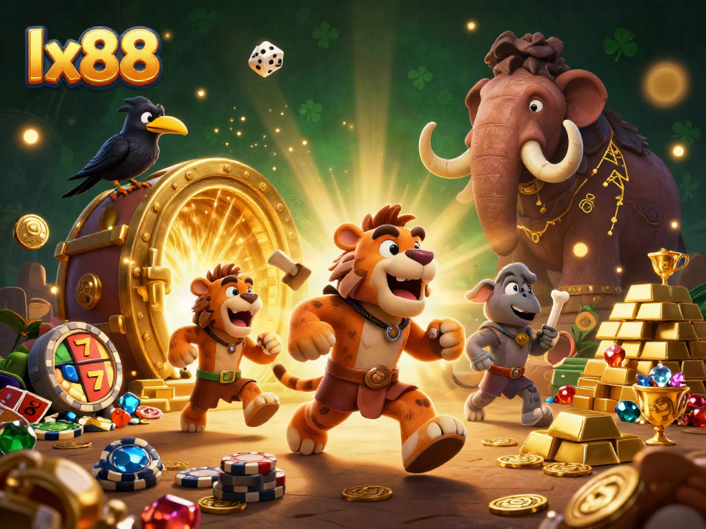 Experience the excitement of lx88 with vibrant slot action in a prehistoric casino scene.
