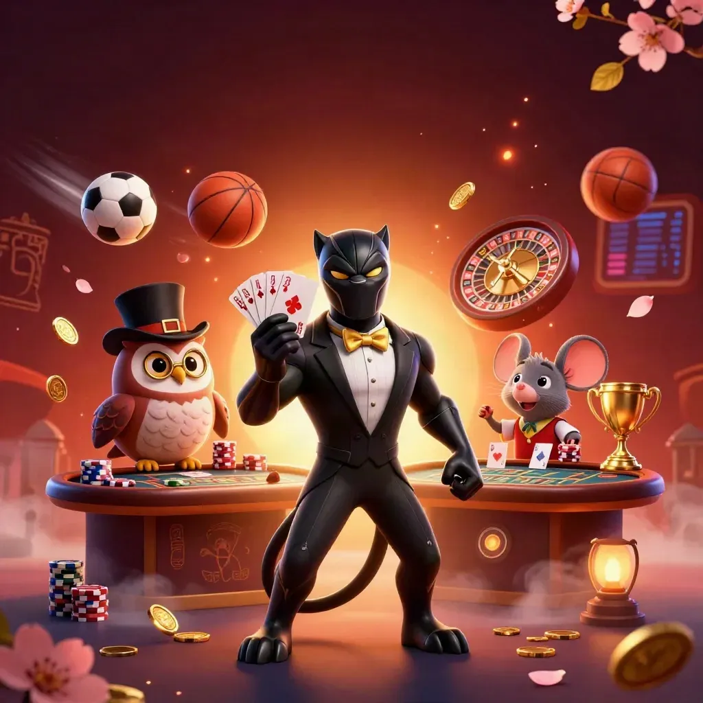Panther, owl, and mouse in a luxurious casino scene with glowing effects and flying sports balls