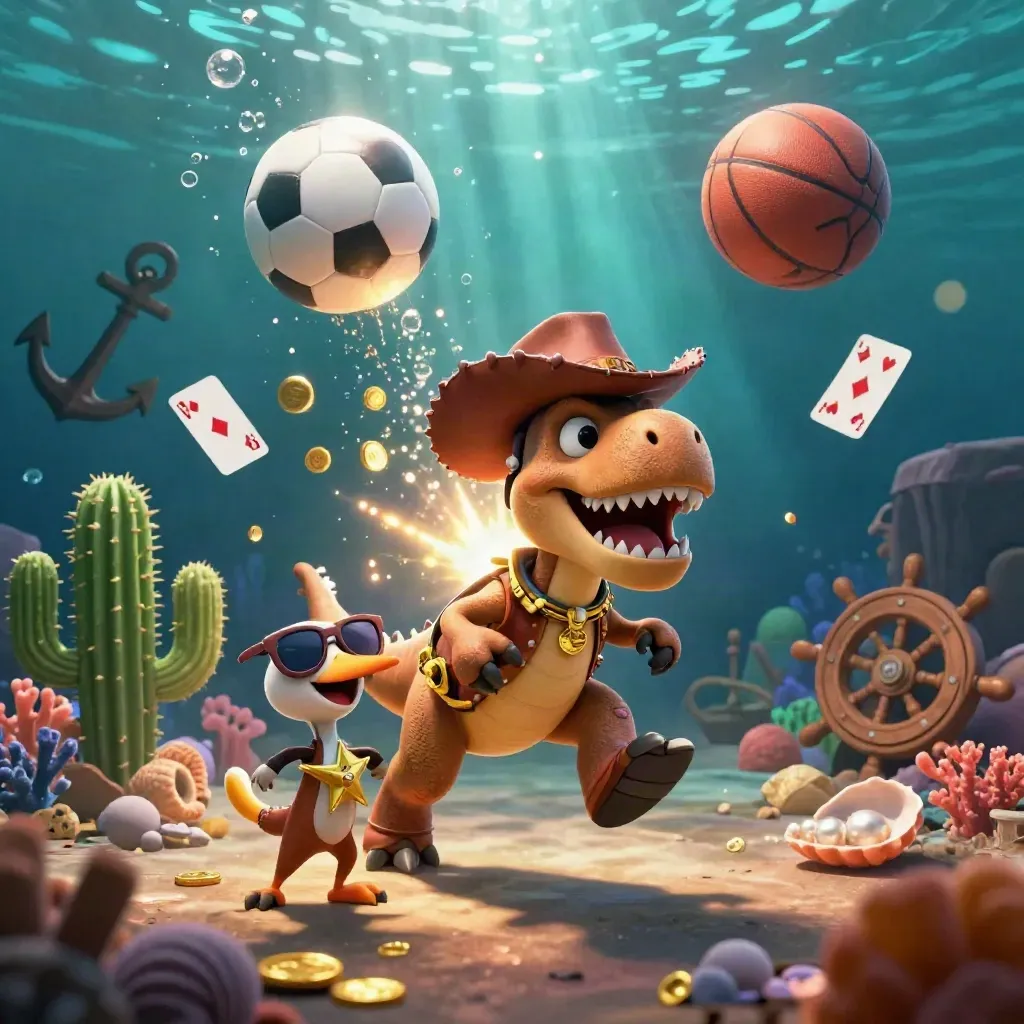 Cartoon cowboy T-Rex, cactus and roadrunner amid casino treasure and flying sports balls underwater.