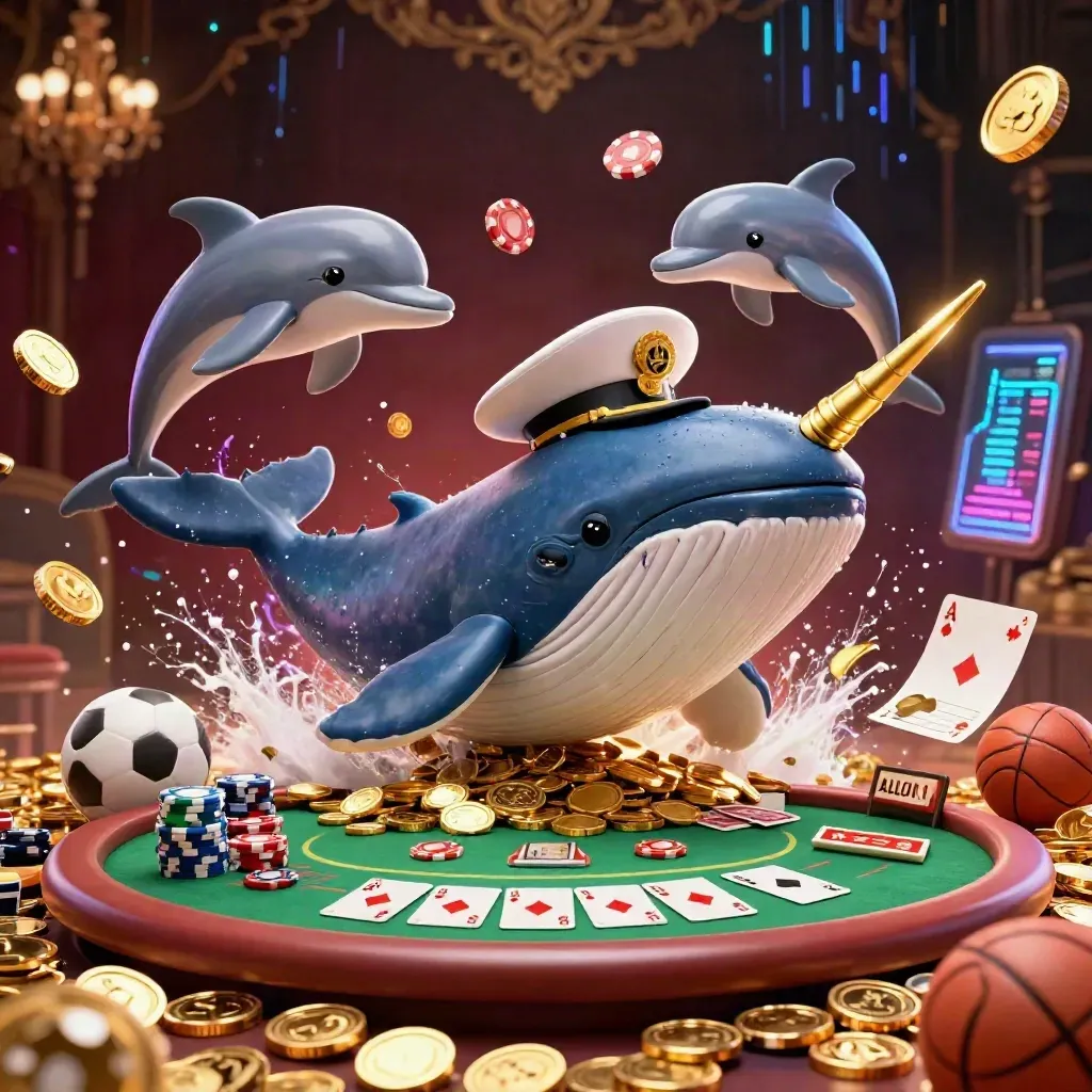 Whale, narwhal and dolphins burst through coins amid casino chips and sports balls.