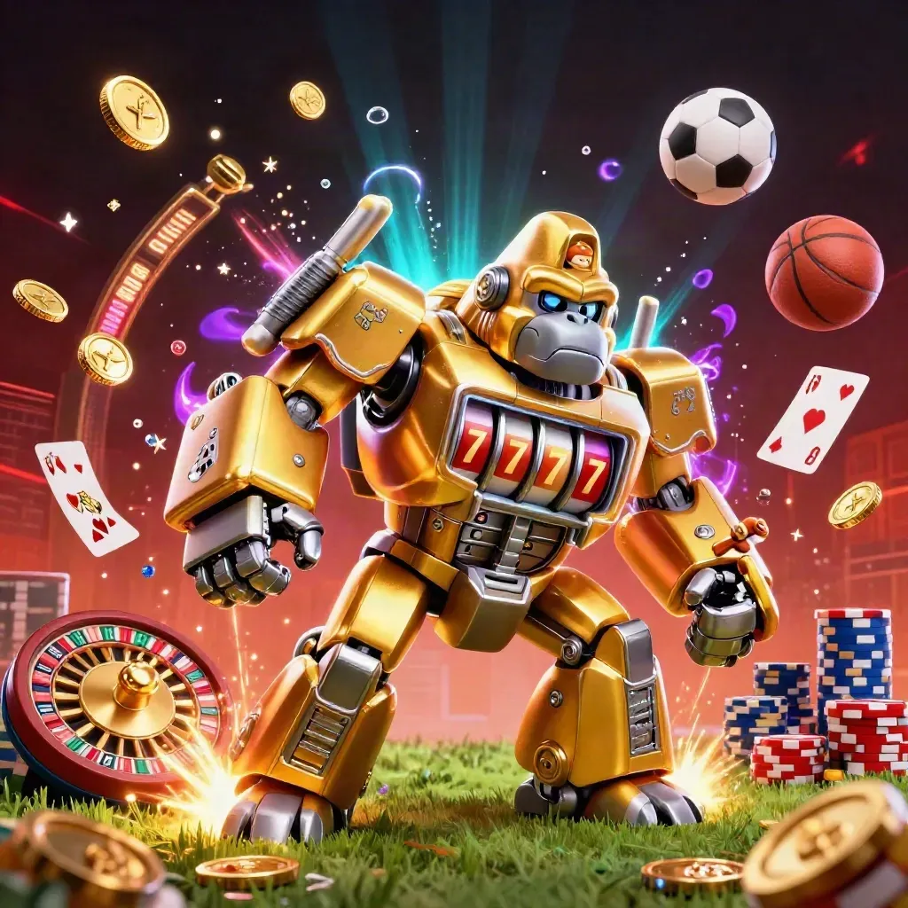 Golden gorilla mech with monkey pilot, casino coins and sports props exploding in neon light.