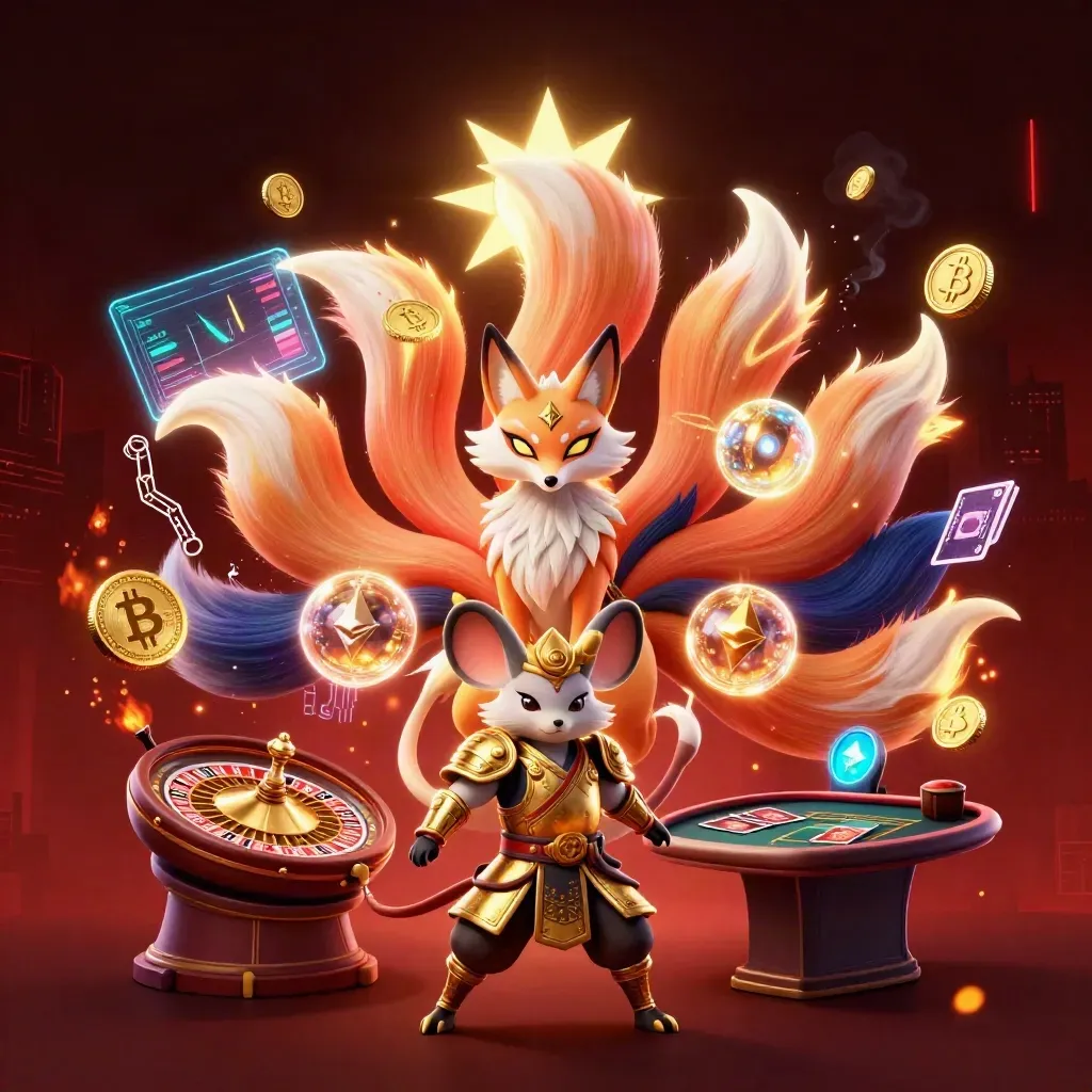 Nine-tailed fox spirit and samurai mouse amid casino relics, neon coins, and red cinematic glow.
